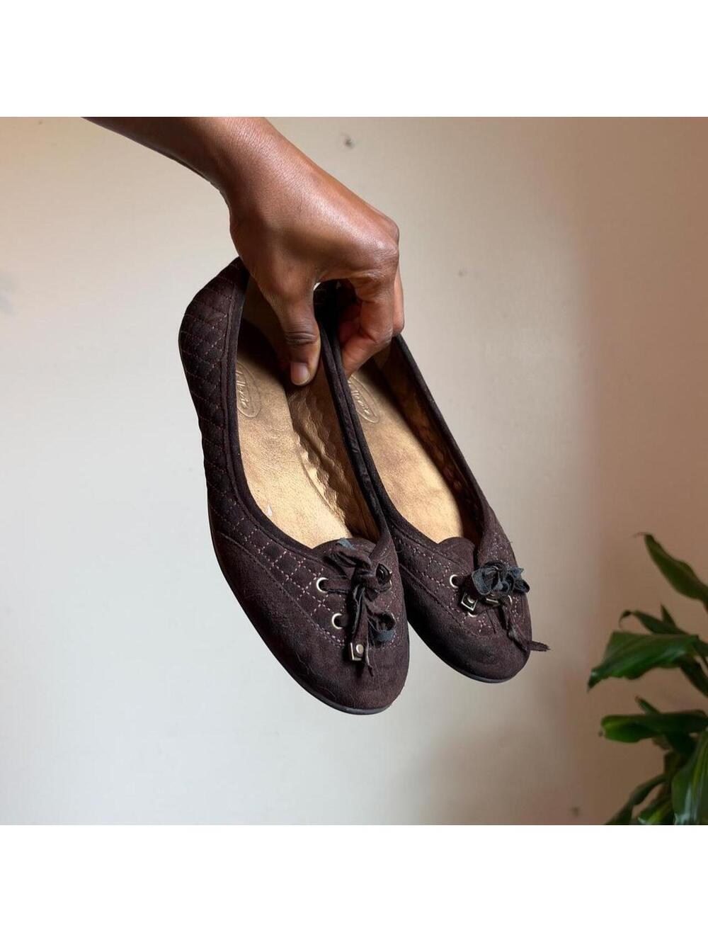 Y2K Talbots Brown Quilted stitching Suede Ballet Flats Bow Accent US 8
